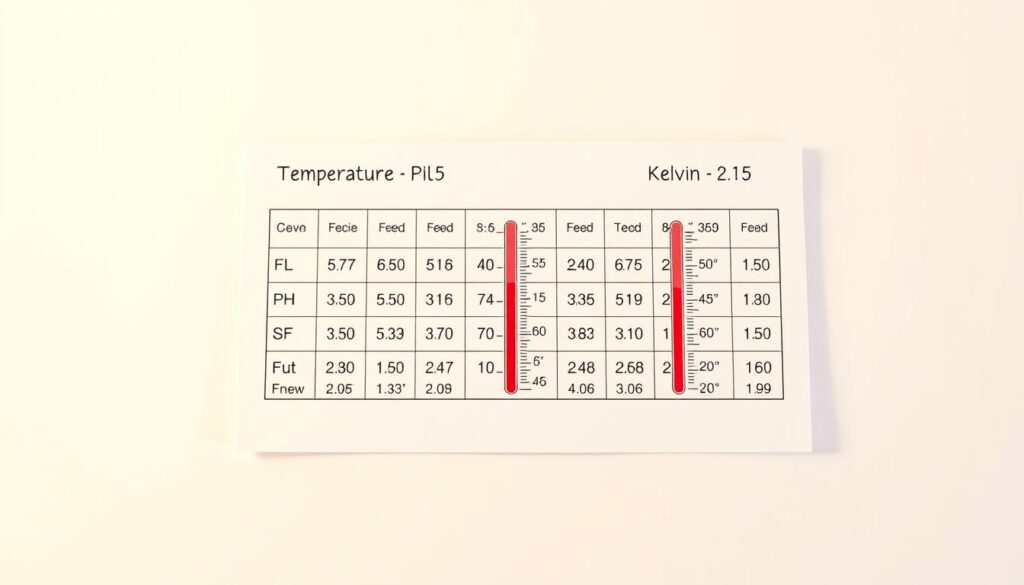 A detailed illustration of a temperature conversion chart, showcasing the conversion between Celsius, Fahrenheit, and Kelvin scales. The chart is displayed on a clean, minimalist background, with a soft, warm lighting that creates a professional, educational atmosphere. The chart is presented in a crisp, legible typeface, with clear delineations between the different temperature units. The chart is the focal point, occupying the central portion of the frame, with the background receding into a subtle, supporting role. The overall composition is balanced and visually appealing, making it an ideal visual aid for the section on temperature conversion features in the article.
