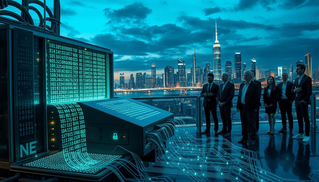 A futuristic digital landscape representing the concept of "harvest now, decrypt later." In the foreground, a sleek quantum computer with glowing circuits processes streams of encrypted data—binary code cascading like waterfalls. In the middle ground, a diverse group of professionals in business attire observe the computer, their expressions a mix of concern and determination. The background features a city skyline at dusk, illuminated by neon lights, symbolizing advanced technology and the potential dangers looming over data security. The atmosphere is tense yet hopeful, with cool blue and green tones interspersed with warm highlights, suggesting a high-tech urgency. Soft, diffused lighting enhances the scene, evoking a sense of both innovation and vulnerability. A futuristic digital landscape representing the concept of "harvest now, decrypt later." In the foreground, a sleek quantum computer with glowing circuits processes streams of encrypted data—binary code cascading like waterfalls. In the middle ground, a diverse group of professionals in business attire observe the computer, their expressions a mix of concern and determination. The background features a city skyline at dusk, illuminated by neon lights, symbolizing advanced technology and the potential dangers looming over data security. The atmosphere is tense yet hopeful, with cool blue and green tones interspersed with warm highlights, suggesting a high-tech urgency. Soft, diffused lighting enhances the scene, evoking a sense of both innovation and vulnerability.