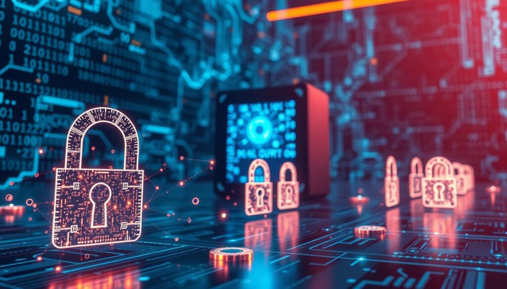 A futuristic scene depicting the impact of quantum computing on current encryption systems. In the foreground, intricate digital locks and keys are represented as glowing holograms, interspersed with quantum bits (qubits) symbolizing data security. In the middle, a sleek quantum computer emits a blue light, showcasing complex algorithms, while bits of data flow around it. The background features a stylized, abstract representation of a digital world with binary code and encryption symbols fading into the distance. The scene is illuminated with a cool, tech-inspired ambient light, casting soft shadows and creating a high-tech atmosphere. The angle should be slightly aerial to capture the complexity of the systems involved. Overall, the mood is intense and thought-provoking, underscoring the serious implications of quantum computing on encryption technology. A futuristic scene depicting the impact of quantum computing on current encryption systems. In the foreground, intricate digital locks and keys are represented as glowing holograms, interspersed with quantum bits (qubits) symbolizing data security. In the middle, a sleek quantum computer emits a blue light, showcasing complex algorithms, while bits of data flow around it. The background features a stylized, abstract representation of a digital world with binary code and encryption symbols fading into the distance. The scene is illuminated with a cool, tech-inspired ambient light, casting soft shadows and creating a high-tech atmosphere. The angle should be slightly aerial to capture the complexity of the systems involved. Overall, the mood is intense and thought-provoking, underscoring the serious implications of quantum computing on encryption technology.