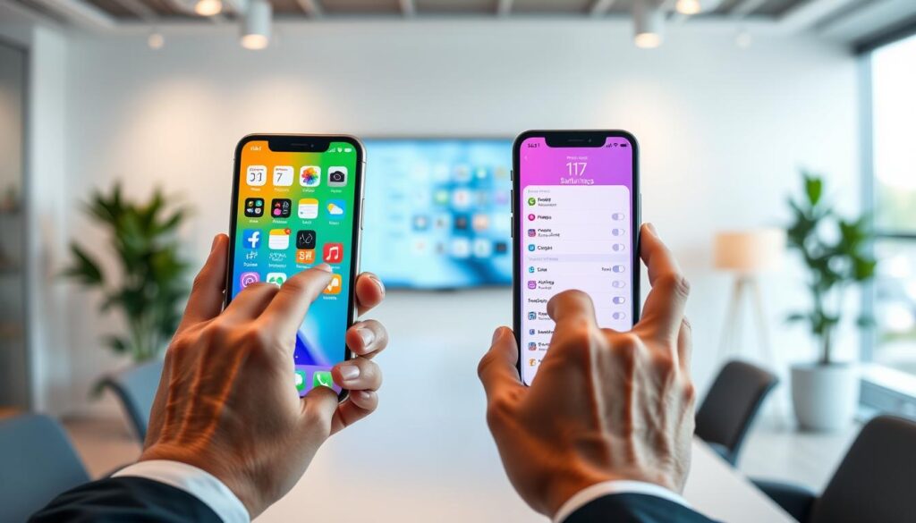 A sleek, modern digital workspace featuring two contrasting iPhone screens: one displaying the vibrant interface of iOS 17 and the other showcasing an earlier version, like iOS 15. In the foreground, a pair of hands, dressed in professional attire, interact with the devices, tapping and swiping to demonstrate the differences. The middle ground highlights a blurred but visually appealing array of app icons and settings menus, emphasizing the evolution in design and functionality. The background features a softly lit, minimalistic office setting with a hint of greenery, creating a calm, focused atmosphere. The overall mood is informative yet engaging, showcasing the advancements in technology while inviting users to reflect on their experience. A sleek, modern digital workspace featuring two contrasting iPhone screens: one displaying the vibrant interface of iOS 17 and the other showcasing an earlier version, like iOS 15. In the foreground, a pair of hands, dressed in professional attire, interact with the devices, tapping and swiping to demonstrate the differences. The middle ground highlights a blurred but visually appealing array of app icons and settings menus, emphasizing the evolution in design and functionality. The background features a softly lit, minimalistic office setting with a hint of greenery, creating a calm, focused atmosphere. The overall mood is informative yet engaging, showcasing the advancements in technology while inviting users to reflect on their experience.