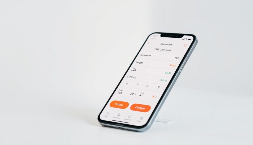 A sleek, modern unit converter app displayed on a minimalist, white-themed interface. The app features a clean, intuitive layout with clear category icons for temperature, length, weight, and currency conversions. The foreground showcases the app's main conversion screen, with input fields, conversion buttons, and a prominent result display. The middle ground includes subtle UI elements like toggles, settings, and historical data. The background has a soft, ethereal quality, highlighting the app's focus on simplicity and ease of use. The lighting is natural and diffused, creating a calm, professional atmosphere. The camera angle is slightly angled, providing a dynamic perspective and emphasizing the app's user-friendly design.