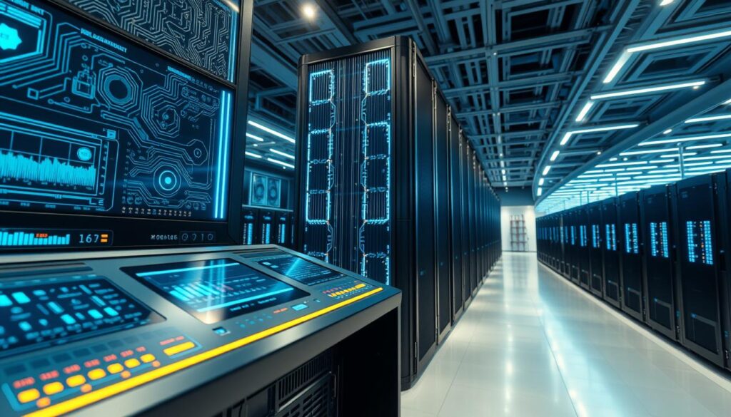 A futuristic supercomputer architecture, showcasing a sleek, high-tech design with intricate circuit patterns and glowing LED lights. The foreground features a close-up of the machine’s control panel, adorned with advanced screens displaying real-time data analytics and benchmarks. In the middle ground, the supercomputer's impressive hardware structure towers majestically, with visible data flow lines illuminated, emphasizing its processing power. The background reveals a modern data center, filled with multiple rows of similar machines, softly lit by cool blue and white lights, creating a high-tech atmosphere. The scene is captured from a low angle, giving a sense of scale and grandeur, while maintaining a professional and clean aesthetic, highlighting the power of 16.7 exaflops in a visionary tech space.