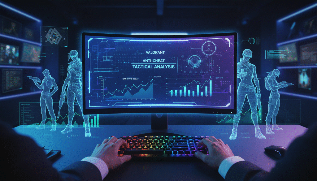 A high-tech digital collage showcasing a strategic gaming environment, featuring a close-up of a glowing, futuristic gaming monitor displaying a tactical analysis of anti-cheat strategies in Valorant. In the foreground, an advanced gaming keyboard illuminated with vibrant RGB lighting, with hands poised in a focused gaming stance, clad in professional business attire. In the middle, blurred images of game character silhouettes evoking a sense of stealth and strategy, layered with data analytics graphs indicating ban delays. The background reveals a dark, atmospheric gaming room, softly lit by neon blue and purple lights, enhancing the intensity of the scene. The mood conveys tension and sophistication, capturing the ongoing battle between gamers and cheaters in a sleek, professional setting. A high-tech digital collage showcasing a strategic gaming environment, featuring a close-up of a glowing, futuristic gaming monitor displaying a tactical analysis of anti-cheat strategies in Valorant. In the foreground, an advanced gaming keyboard illuminated with vibrant RGB lighting, with hands poised in a focused gaming stance, clad in professional business attire. In the middle, blurred images of game character silhouettes evoking a sense of stealth and strategy, layered with data analytics graphs indicating ban delays. The background reveals a dark, atmospheric gaming room, softly lit by neon blue and purple lights, enhancing the intensity of the scene. The mood conveys tension and sophistication, capturing the ongoing battle between gamers and cheaters in a sleek, professional setting.