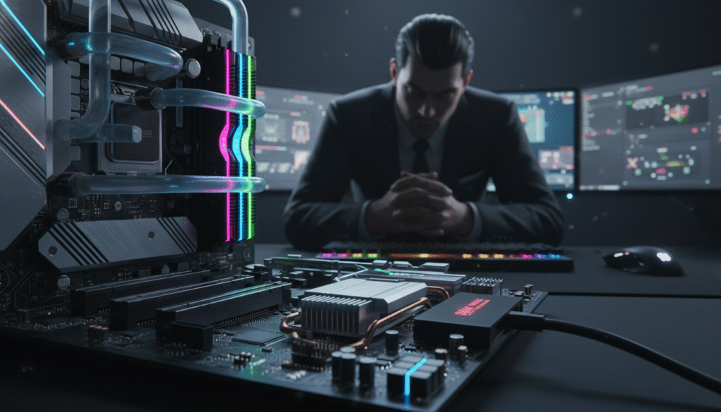 A high-tech gaming motherboard prominently displayed in the foreground, featuring exposed circuits and glowing LED lights in vibrant neon colors, highlighting its advanced components and the ominous presence of a DMA cheat device subtly integrated. In the middle ground, a shadowy figure looms, depicted in professional attire, with focused eyes fixed on the motherboard, conveying a sense of intensity and determination. The background features a dimly lit gaming room, illuminated by the luminescent glow from multiple screens and peripherals, creating a contrast that emphasizes the tension between technology and ethics in gaming. The atmosphere is dark and suspenseful, echoing the theme of a serious threat in the gaming world, with soft ambient lighting and a sharp focus on the motherboard to draw the viewer’s attention. A high-tech gaming motherboard prominently displayed in the foreground, featuring exposed circuits and glowing LED lights in vibrant neon colors, highlighting its advanced components and the ominous presence of a DMA cheat device subtly integrated. In the middle ground, a shadowy figure looms, depicted in professional attire, with focused eyes fixed on the motherboard, conveying a sense of intensity and determination. The background features a dimly lit gaming room, illuminated by the luminescent glow from multiple screens and peripherals, creating a contrast that emphasizes the tension between technology and ethics in gaming. The atmosphere is dark and suspenseful, echoing the theme of a serious threat in the gaming world, with soft ambient lighting and a sharp focus on the motherboard to draw the viewer’s attention.