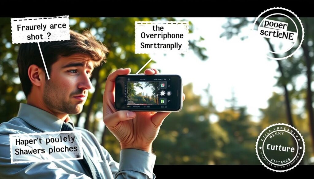 A smartphone photographer captures a scene demonstrating common photography mistakes. In the foreground, a person in professional attire holds a smartphone, looking perplexed while taking a picture of a cluttered background. The middle ground features various elements that highlight these mistakes: a poorly framed shot, harsh shadows, and overexposed highlights. The background shows a bright, sunny day with contrasting elements such as trees and a bright sky, emphasizing poor lighting choices. The mood is slightly humorous yet educational, conveying a light-hearted atmosphere around learning from mistakes in smartphone photography. The lighting is natural, purely daylight, with soft shadows, creating a realistic feel. No text or stamps are present in the image. A smartphone photographer captures a scene demonstrating common photography mistakes. In the foreground, a person in professional attire holds a smartphone, looking perplexed while taking a picture of a cluttered background. The middle ground features various elements that highlight these mistakes: a poorly framed shot, harsh shadows, and overexposed highlights. The background shows a bright, sunny day with contrasting elements such as trees and a bright sky, emphasizing poor lighting choices. The mood is slightly humorous yet educational, conveying a light-hearted atmosphere around learning from mistakes in smartphone photography. The lighting is natural, purely daylight, with soft shadows, creating a realistic feel. No text or stamps are present in the image.