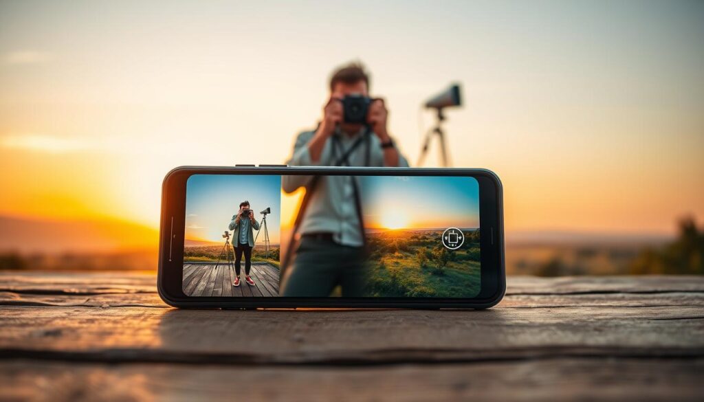 A vibrant and engaging photography composition scene that showcases the art of photographic framing techniques. In the foreground, an inviting smartphone rests on a rustic wooden table, displaying a vibrant photo captured using the rule of thirds technique. In the middle, a photographer, dressed in professional casual attire, demonstrates various composition methods, like leading lines and symmetry, while taking pictures of a picturesque landscape. The background features a breathtaking sunset with warm hues blending into a clear sky, enhancing the mood of creativity and inspiration. Soft, natural lighting highlights the subject and adds depth to the scene, capturing the essence of photography and its techniques. A vibrant and engaging photography composition scene that showcases the art of photographic framing techniques. In the foreground, an inviting smartphone rests on a rustic wooden table, displaying a vibrant photo captured using the rule of thirds technique. In the middle, a photographer, dressed in professional casual attire, demonstrates various composition methods, like leading lines and symmetry, while taking pictures of a picturesque landscape. The background features a breathtaking sunset with warm hues blending into a clear sky, enhancing the mood of creativity and inspiration. Soft, natural lighting highlights the subject and adds depth to the scene, capturing the essence of photography and its techniques.