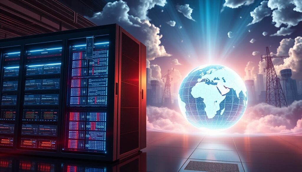 A visually striking representation of the global supercomputer landscape, dominated by a futuristic data center housing the El Capitan supercomputer. In the foreground, a sleek, high-tech server unit displays glowing data interfaces, with vibrant streams of binary code flowing outward. The middle ground features a stylized, holographic globe highlighting various countries and their supercomputer capabilities, illuminated by a soft blue glow. The background includes a dynamic skyline of data towers and antennas, surrounded by swirling clouds of digital information. The atmosphere is engaging and inspiring, showcasing the power and innovation in the realm of computing. The lighting is dramatic, with backlighting to create depth, shot from a slightly elevated angle to emphasize the scale of the scene. No people present.