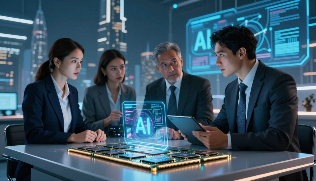 A high-tech, futuristic scene depicting a crisis in memory chip supply and AI technology. In the foreground, an array of shiny, intricate memory chips is displayed on a modern, sleek table. In the middle ground, a team of three diverse professionals in smart business attire is engaged in a serious discussion, analyzing data on digital tablets, with holographic AI interfaces glowing around them. The background features a futuristic skyline with abstract buildings and large digital displays illustrating AI algorithms. The lighting is dramatic, with cool blue tones highlighting the technological environment, while warm light casts a soft glow on the professionals, emphasizing their focused expressions. The atmosphere is tense yet innovative, capturing the urgency and excitement of the AI and semiconductor landscape.